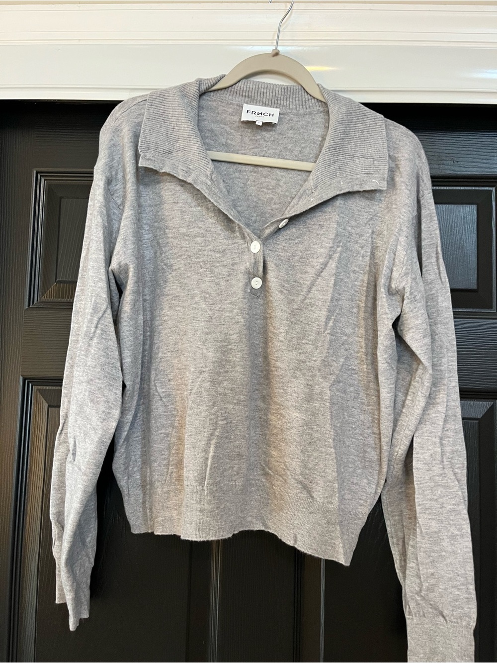 FRNCH Gray V-Neck Collared Button Sweater